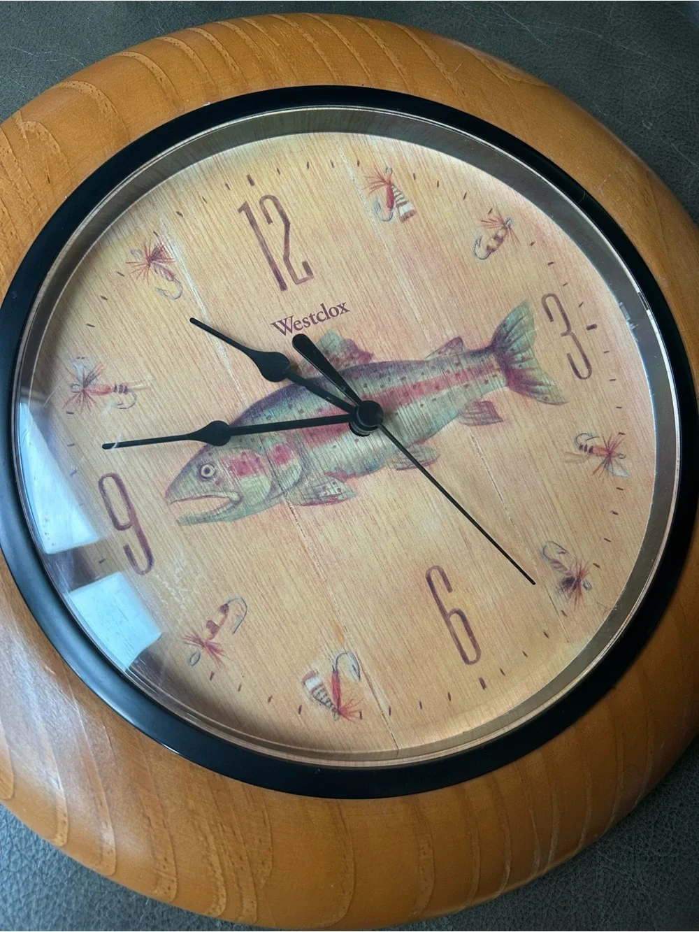 Vtg Westclox Wooden Round Wall Clock in Light Brown with Fish Motif